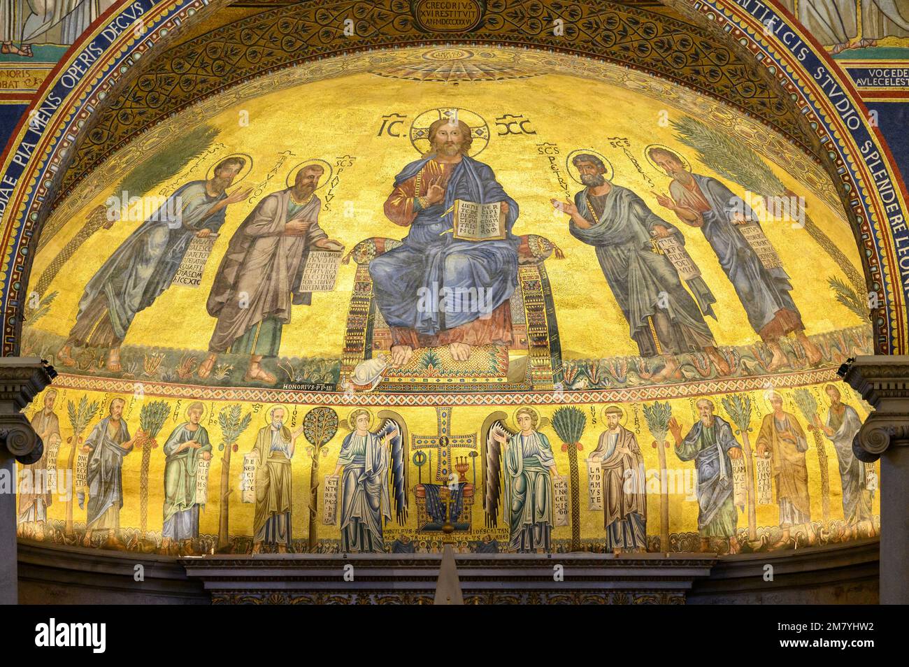 Rome. Italy. Basilica of Saint Paul Outside the Walls (Basilica Papale di San Paolo fuori le Mura). Apse mosaic, Christ is flanked by the Apostles Pet Stock Photo