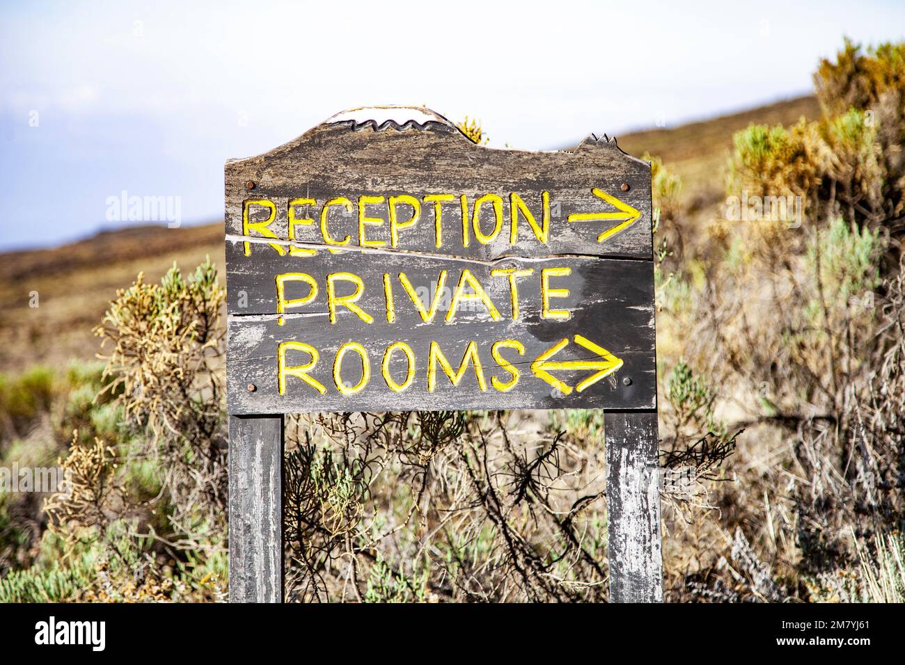 Wooden sign Reception and Private rooms near the road.  Stock Photo
