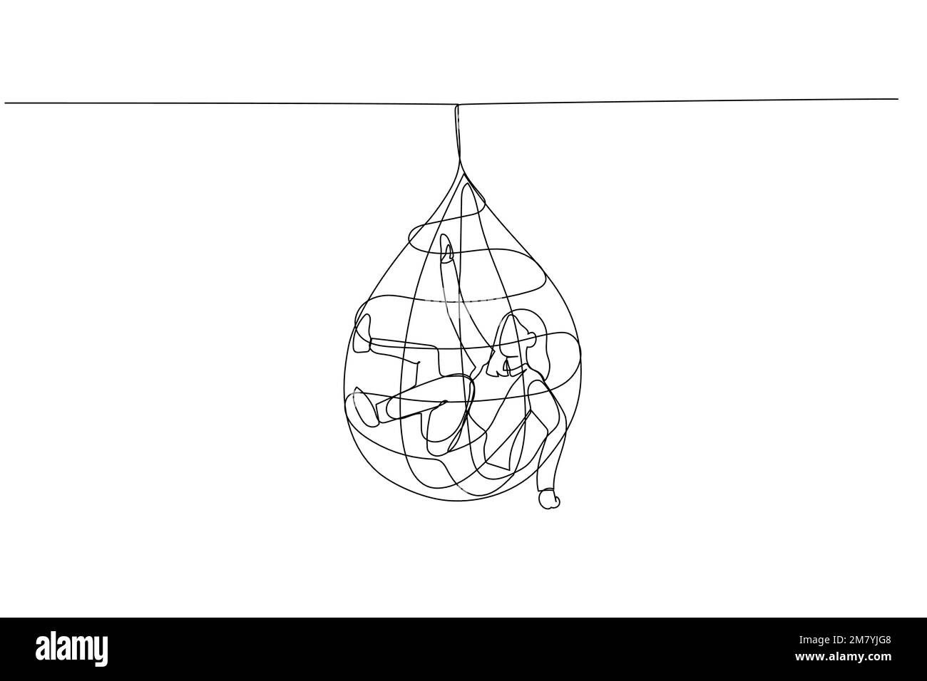 Drawing of business woman tangled in net trap metaphor of business failure get caught. One continuous line art style design Stock Vector