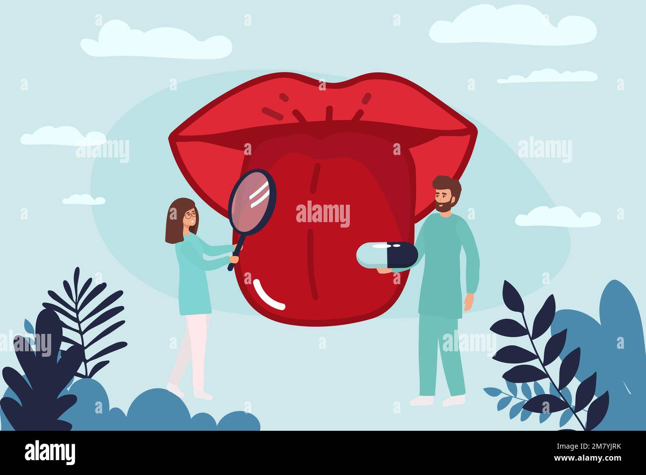 Open mouth with protruding tongue, checkup health tongue doctor. Tongue