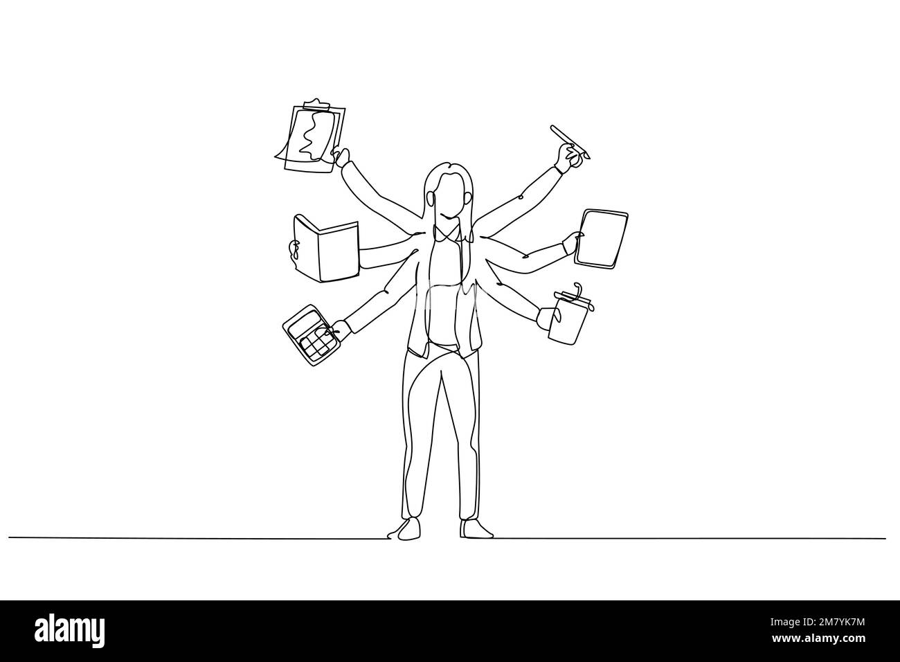 Cartoon of businesswoman with several hand concept of multitasking. Single continuous line art design Stock Vector