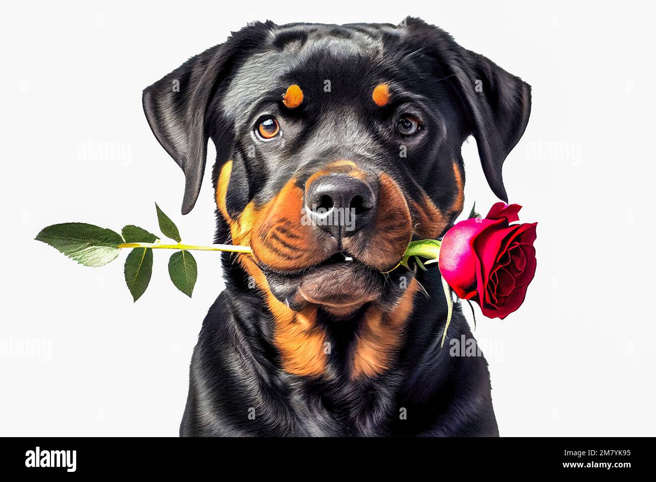 3D render adorable closeup of a Rottweiler dog holding red rose in