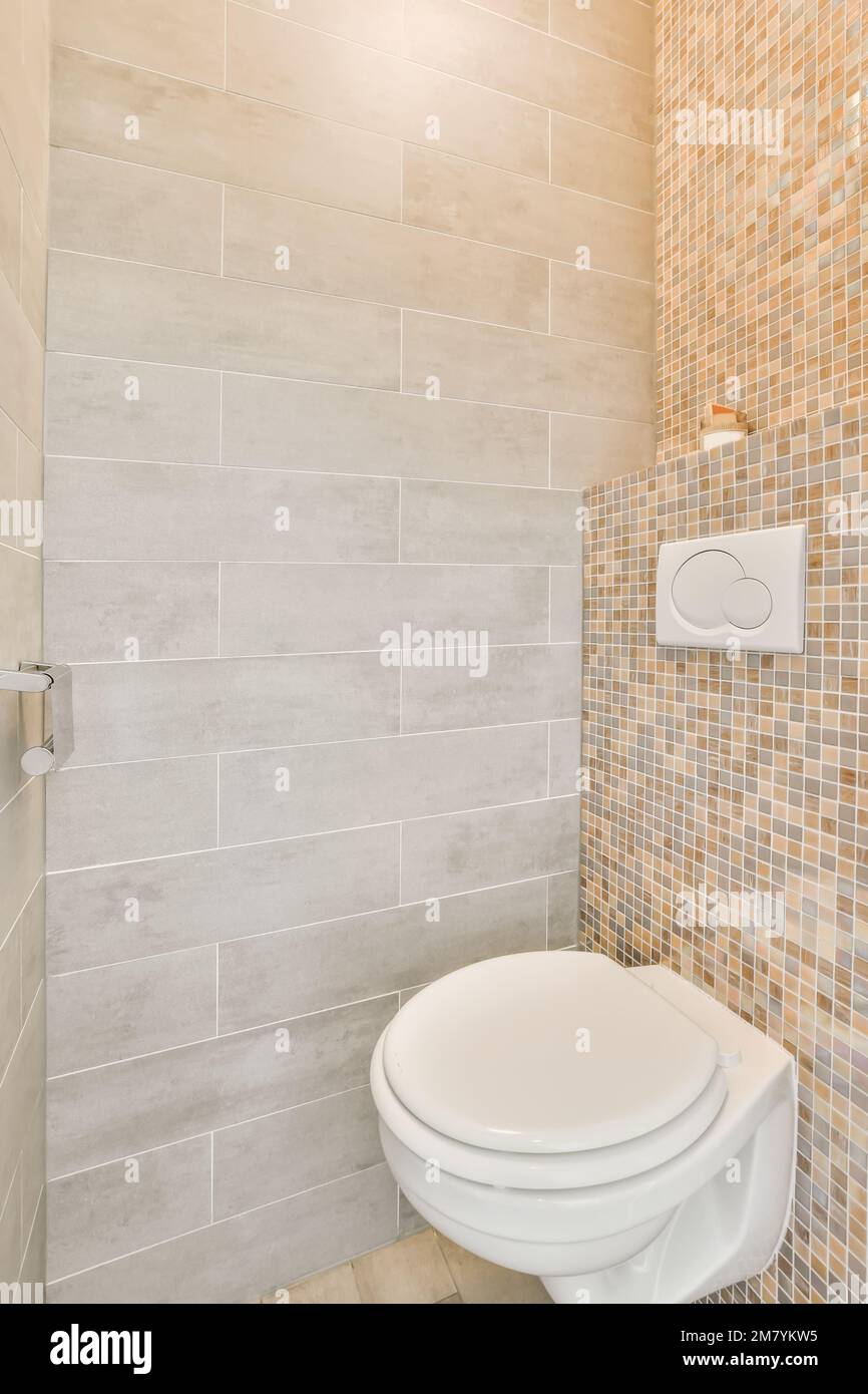 a white toilet in a bathroom with tile on the wall and tiled flooring around the toilet is next to a shower stall Stock Photo