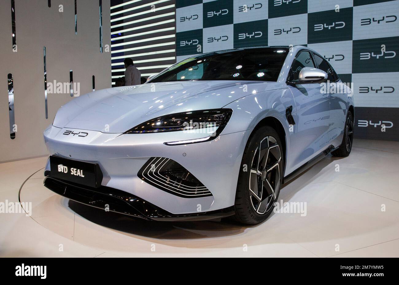 New Delhi. 11th Jan, 2023. This photo taken on Jan. 11, 2023 shows a BYD Seal car during the Auto Expo 2023 in the outskirts of New Delhi, India. Credit: Javed Dar/Xinhua/Alamy Live News Stock Photo