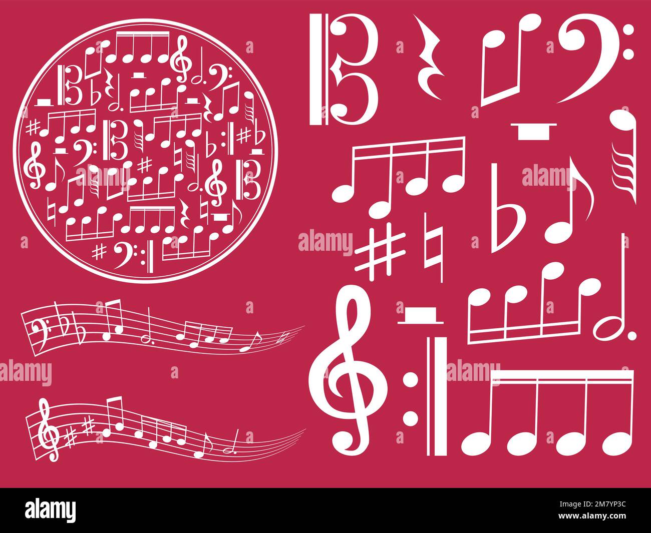 Composition with notes and clefs, musical signs, sound texture, musician theme. Flying stave, Stock Vector