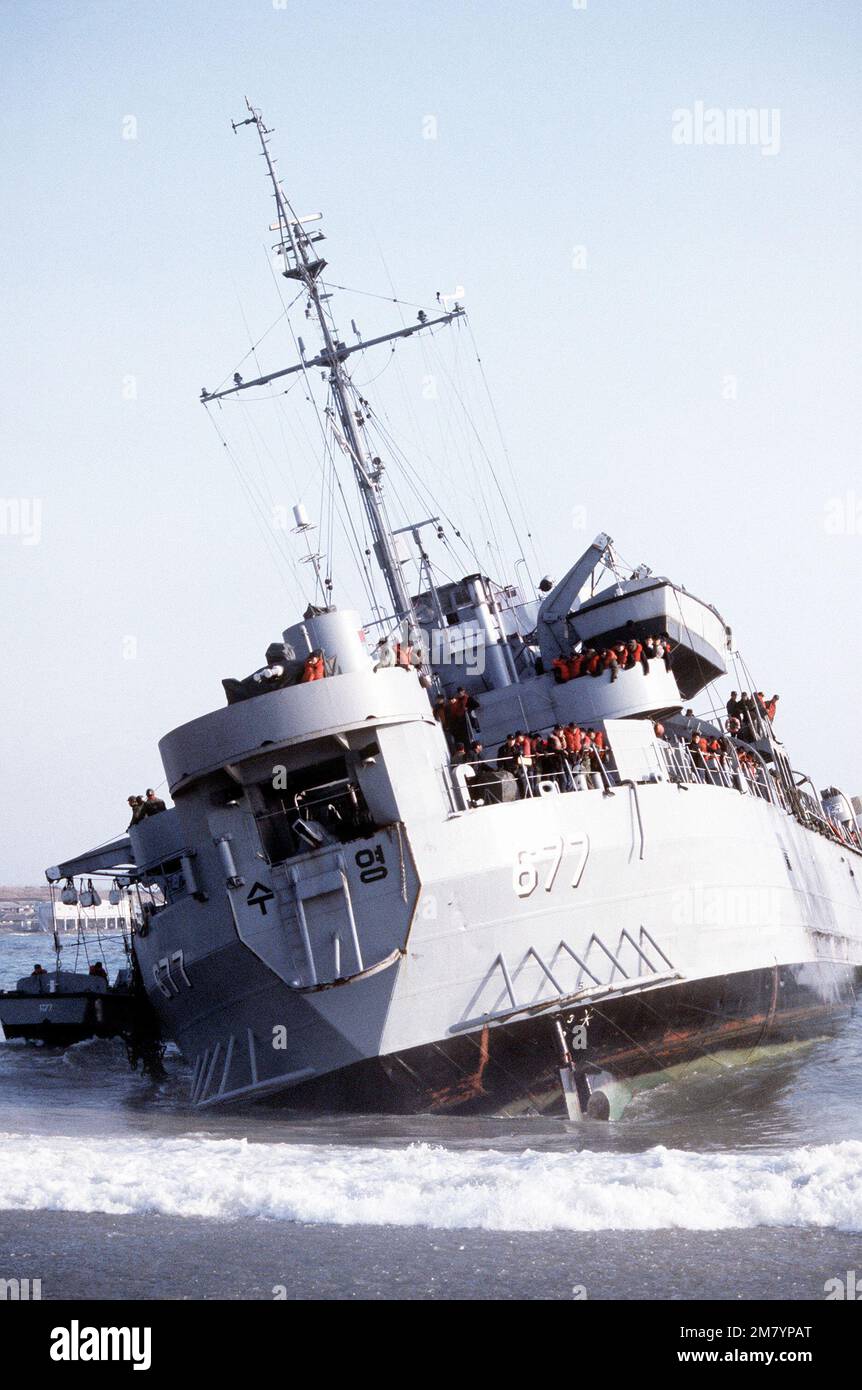A stern view of a Republic of Korea tank landing ship that ran aground on the beach during Exercise Team Spirit '83. Subject Operation/Series: TEAM SPIRIT '83 Base: Toc Sac Re Country: South Korea Stock Photo