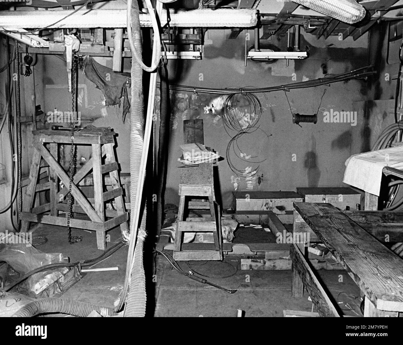 An interior view of the helicopter hauldown and traverse machinery room
