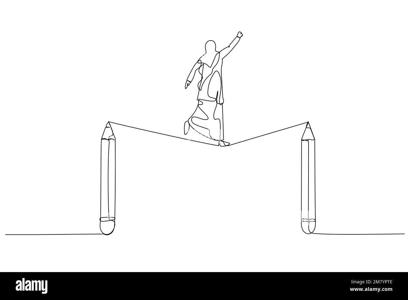 Cartoon of muslim woman walk tightrope between pencils concept of struggle in creativity. Single line art style design Stock Vector