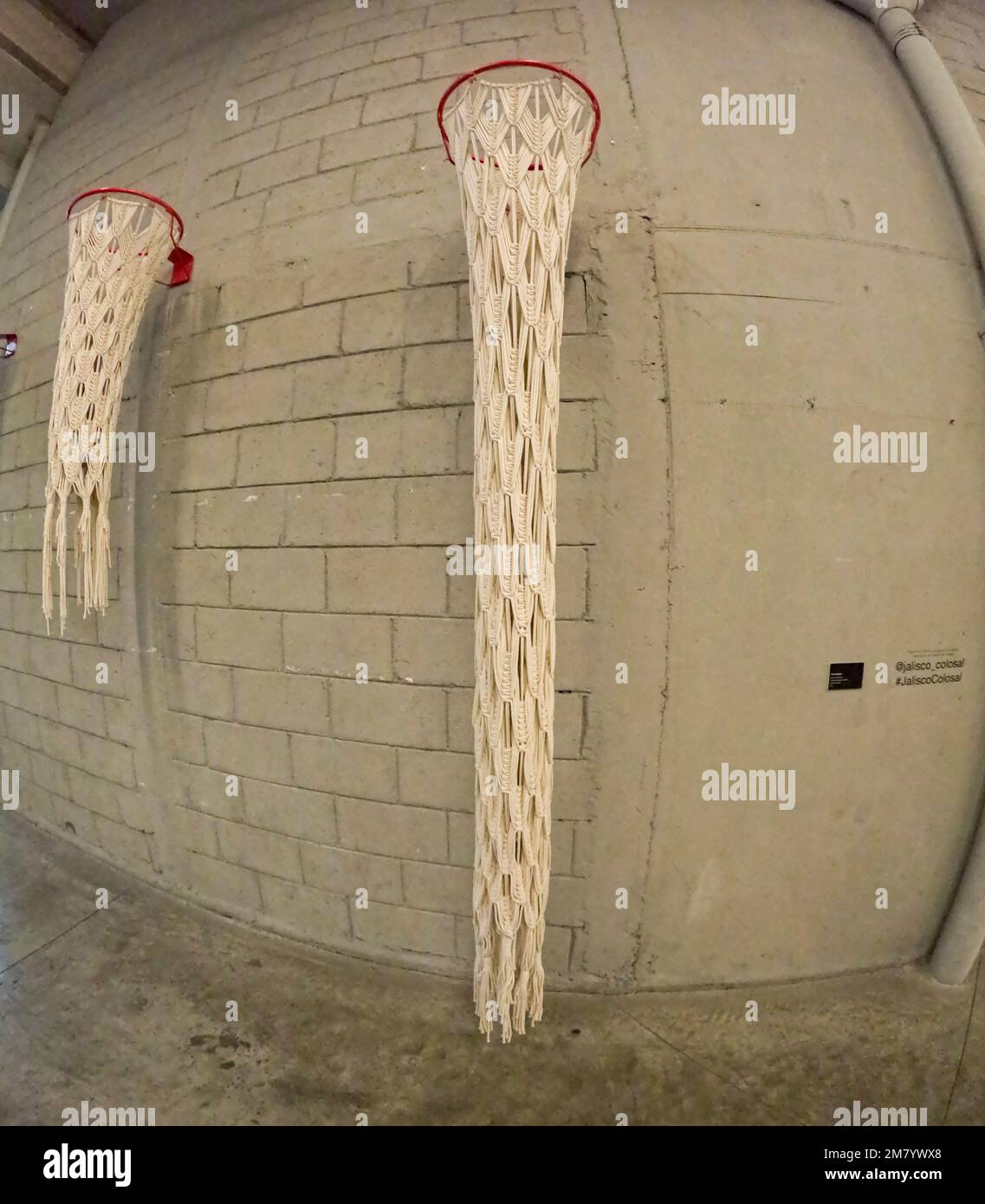 handwoven floorlength basketball hoop, red hoop with painted brick