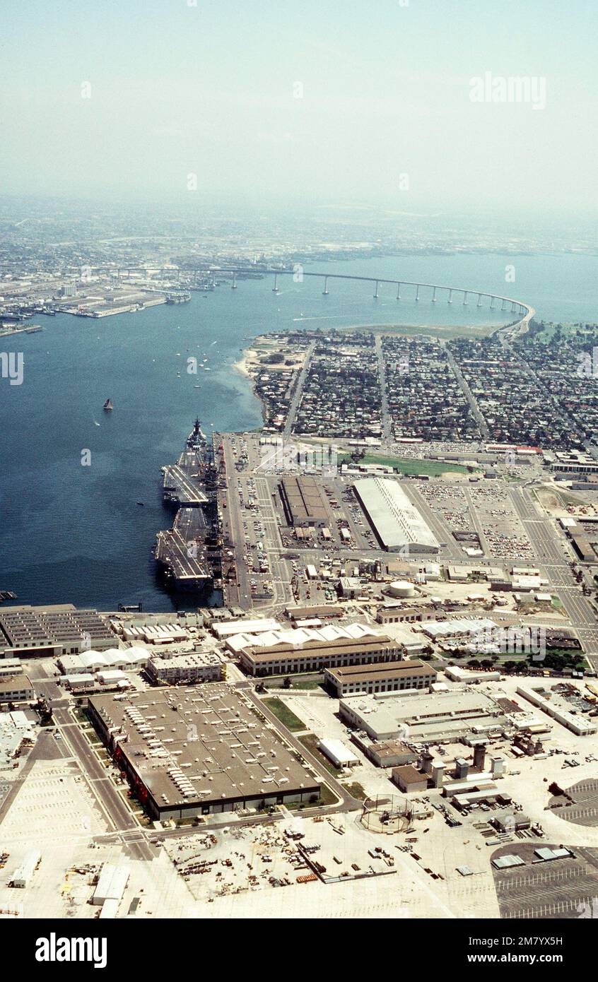 Aerial view of the naval station and aircraft carriers USS RANGER (CV ...