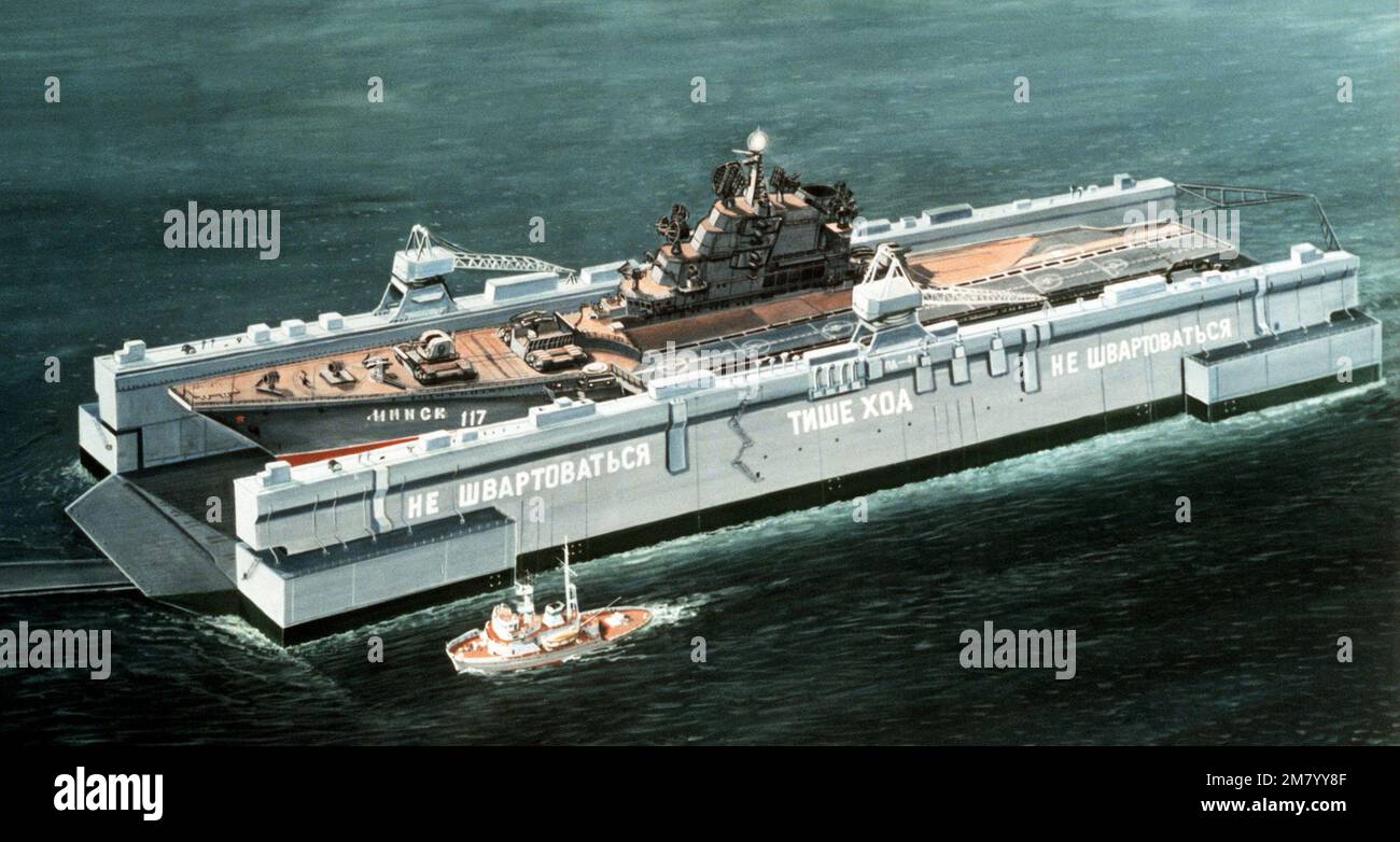 Artist concept of a Soviet Kiev-class aircraft carrier in a floating drydock. 'Soviet Military Power,' 1983, Page 82-83. Country: Unknown Stock Photo