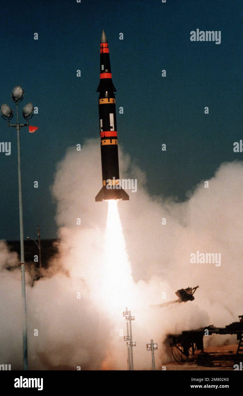 A Pershing II missile is launched on a long-range flight test. This is the fourth flight test in the Pershing II engineering development program. Base: Cape Canaveral Air Force Station State: Florida (FL) Country: United States Of America (USA) Stock Photo