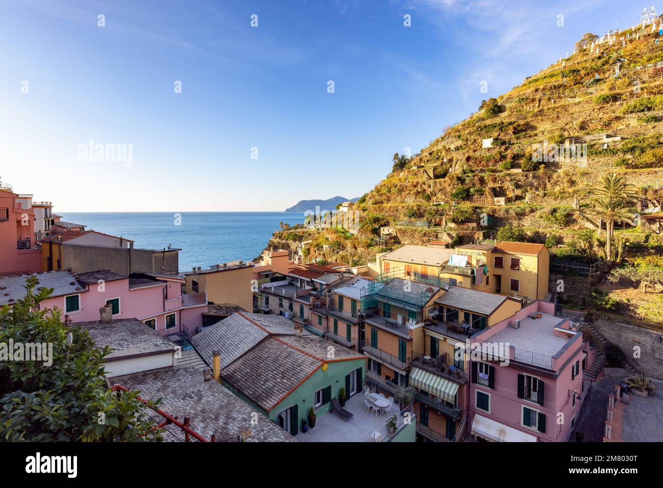 Small touristic town on the coast and farmland, Manarola, Italy. Cinque Terre Stock Photo