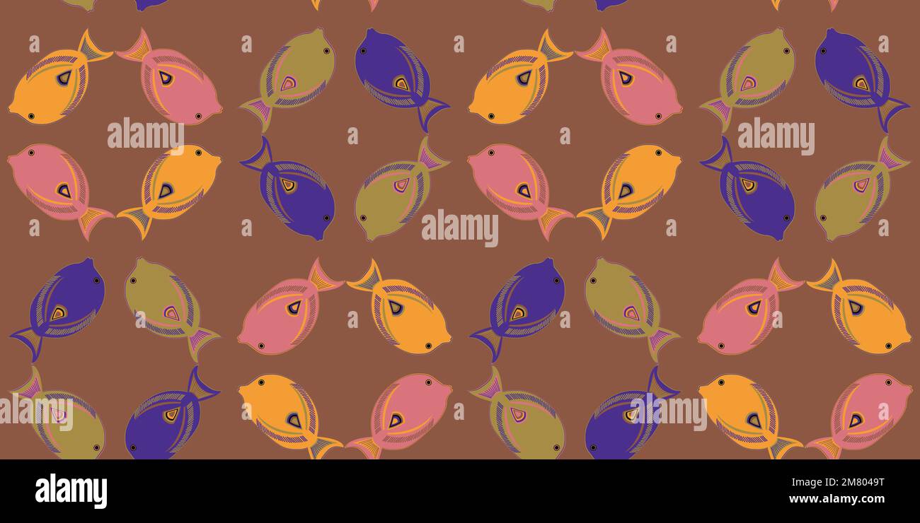 Vector doodle of marine Achilles tang fish seamless pattern. Illustration for design on the theme of marine animals, sea, travel. Eps 10.  Stock Vector