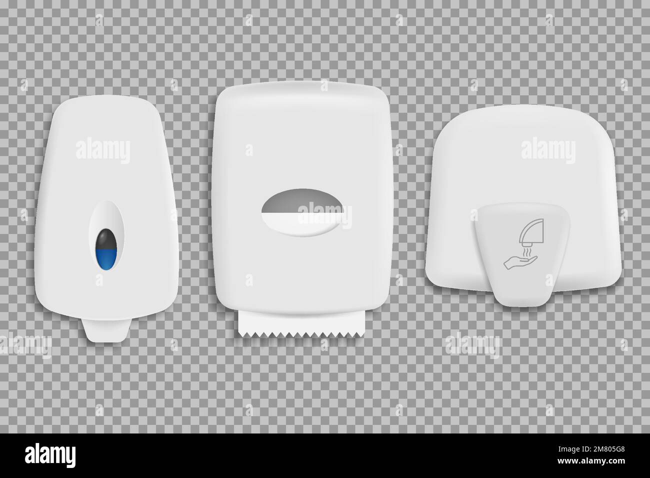 Set of dispensers paper towel, dispensers soap and hand dryer. Vector