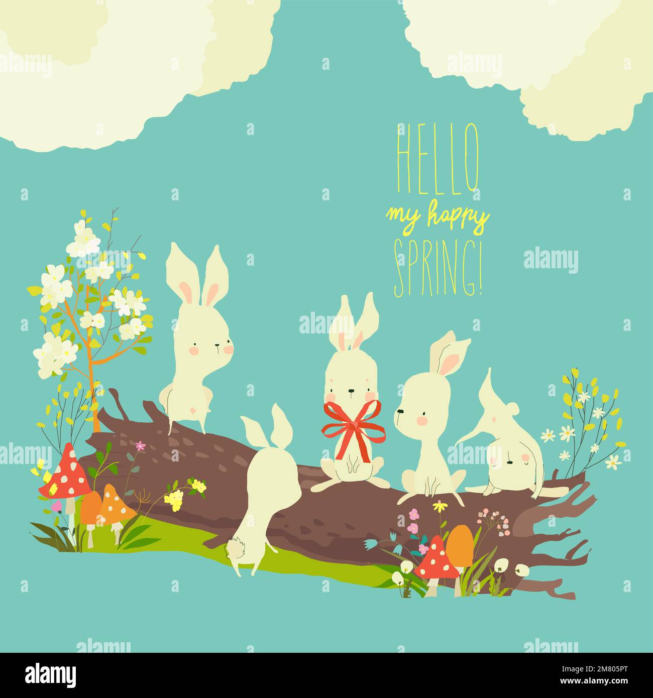 Funny Cartoon Rabbits sitting on Log in Spring Forest Stock Vector ...