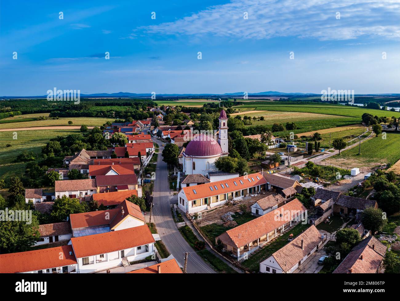 Aerial cityscape about Palkonya village. This beautiful small village is famous by local  Palkonya's palinka. Palinka is a famous Hungarian local shor Stock Photo