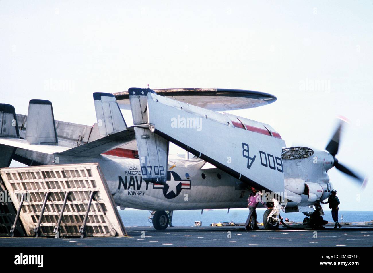A right rear view of an E-2C Hawkeye airborne-early-warning (AEW ...