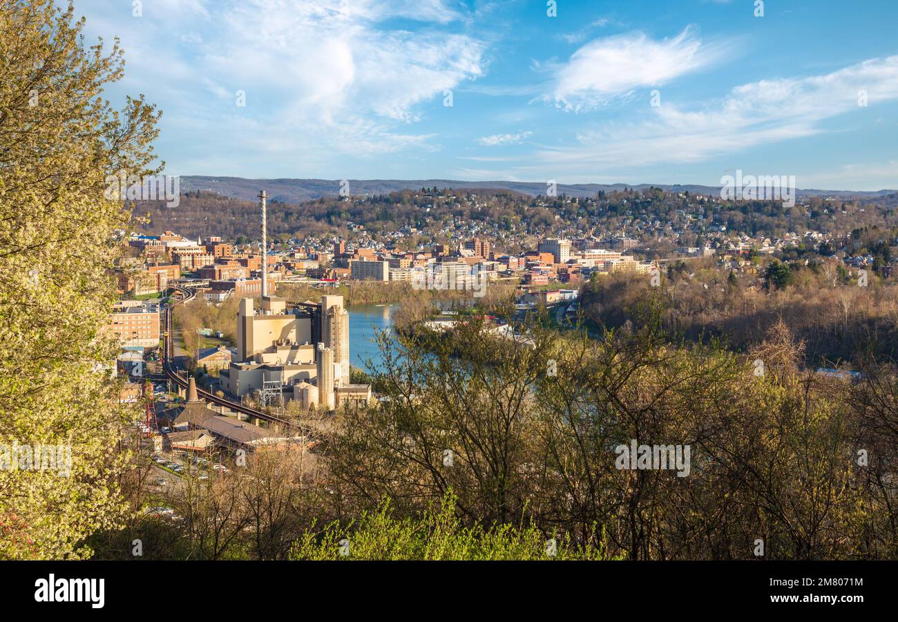 Skyline and cityscape of Morgantown, home of West Virginia University or WVU Stock Photo