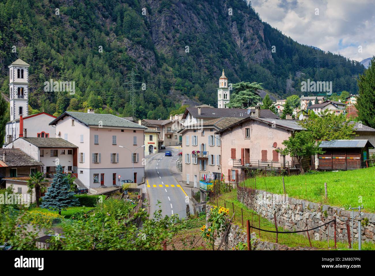 Brusio alpine village near Poschiavo, in the Bernina Region, Grisons canton, Switzerland. Stock Photo