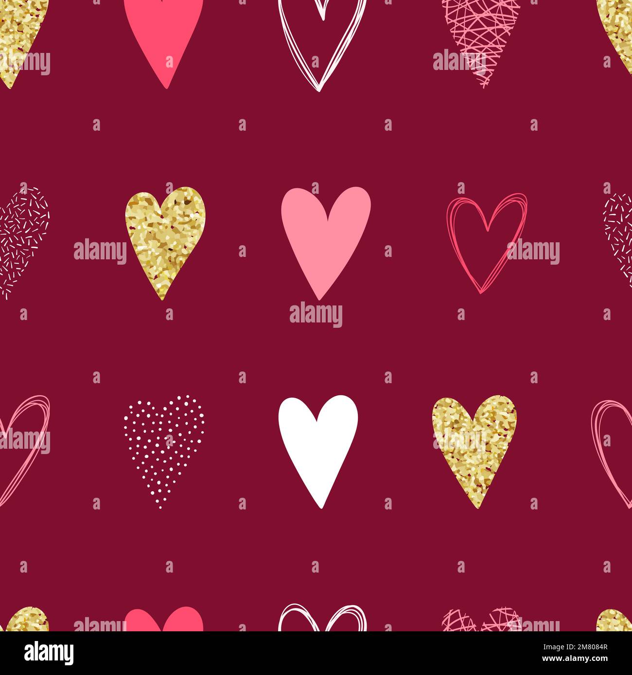 Repeated hearts seamless pattern, hand drawn with gold glitter effect, Cute background. Endless romantic print - vector design Stock Vector