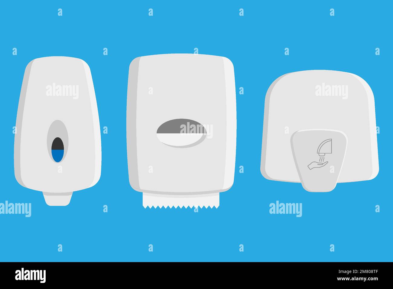 Set of dispensers paper towel, dispensers soap and hand dryer. Vector