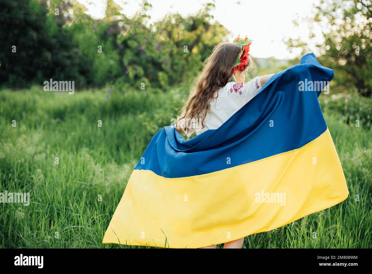 Ukraines Independence Flag Day. Constitution day. Ukrainian child girl in embroidered shirt vyshyvanka with yellow and blue flag of Ukraine in field. flag symbols of Ukraine. Kyiv, Kiev day Stock Photo