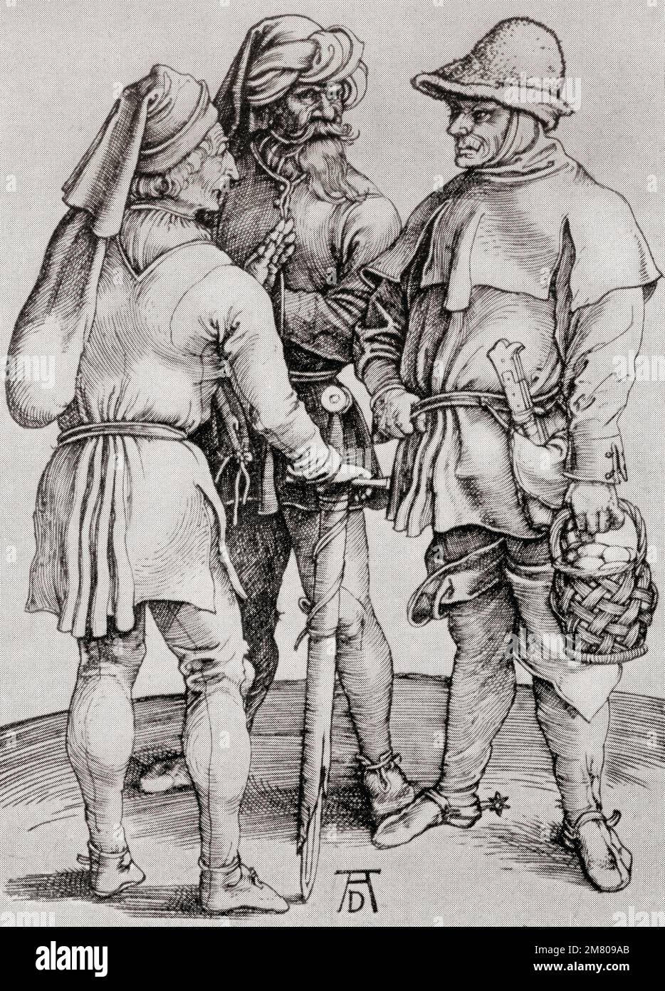 Three Peasants in Conversation, after the work by Albrecht Dürer, 1471 – 1528, sometimes spelled in English as Durer. German painter, printmaker, and theorist of the German Renaissance. From Albrecht Dürer, Sein Leben und eine Auswahl seiner Werke or His life and a selection of his works, published 1928. Stock Photo