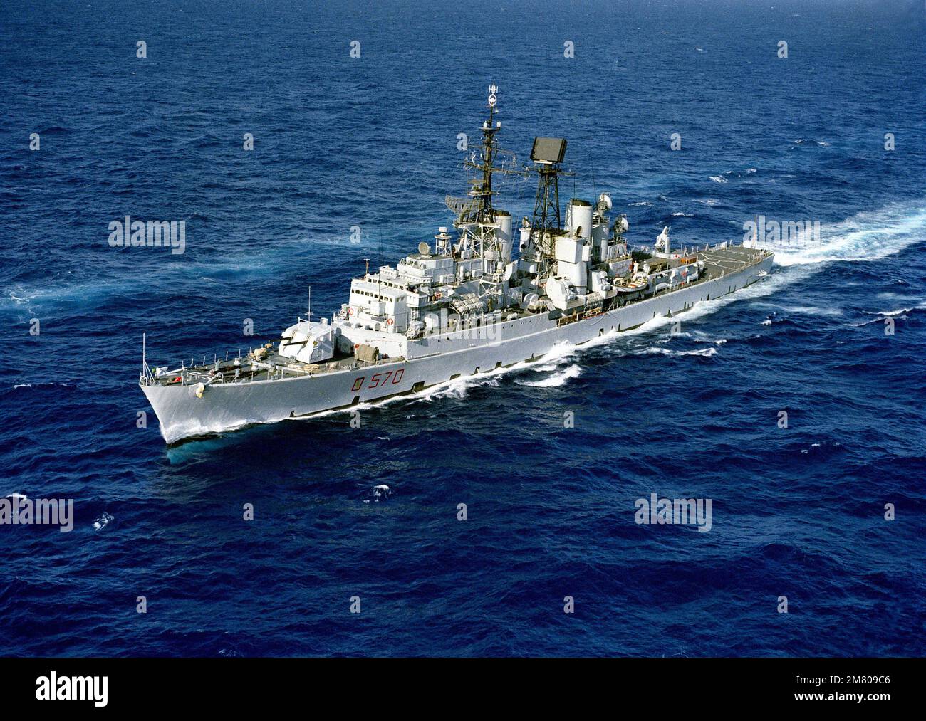 A port bow view of the Italian Impavido class guide missile destroyer