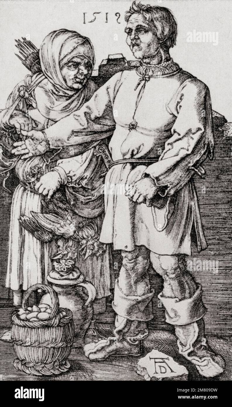 The Peasant and His Wife at Market, after the work by Albrecht Dürer, 1471 – 1528,  sometimes spelled in English as Durer.  German painter, printmaker, and theorist of the German Renaissance.  From Albrecht Dürer, Sein Leben und eine Auswahl seiner Werke or His life and a selection of his works, published 1928. Stock Photo
