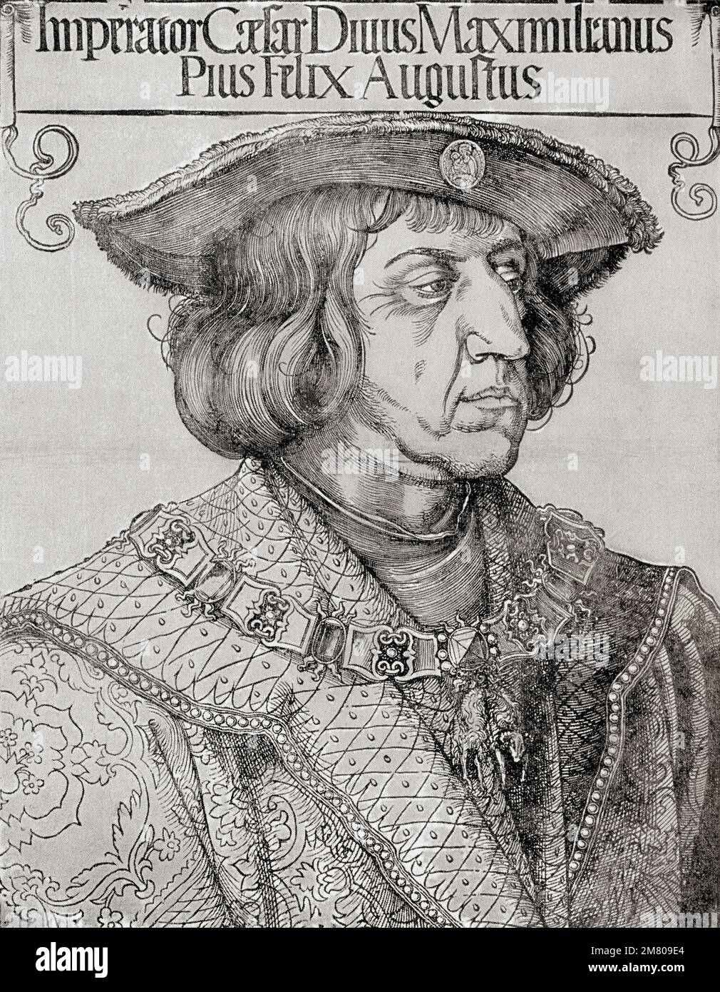 Maximilian I, 1459 – 1519.  King of the Romans from 1486 and Holy Roman Emperor from 1508 until his death, after a work by Albrecht Dürer, 1471 – 1528,  sometimes spelled in English as Dure.  German painter, printmaker, and theorist of the German Renaissance.  From Albrecht Dürer, Sein Leben und eine Auswahl seiner Werke or His life and a selection of his works, published 1928. Stock Photo