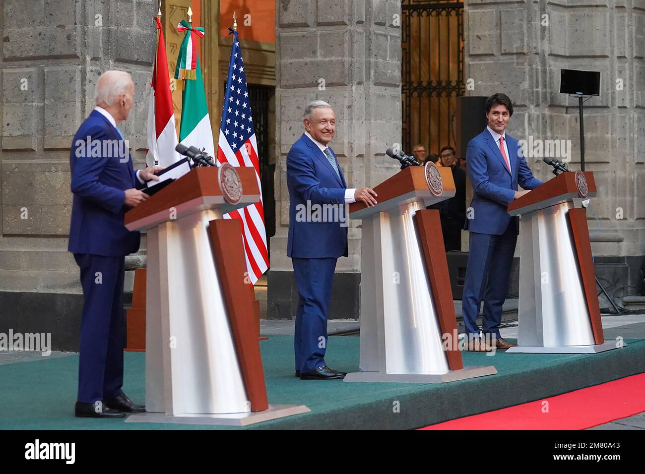 (L-R) US President Joe Biden, Mexican President Andres Manuel Lopez Obrador and Canadian Prime Minister Justin Trudeau hold a joint press conference after their meeting during the 10th North American Leaders Summit at the National Palace in Mexico City, on January 10, 2023.. Photo by Mexican President Press Office / UPI Stock Photo