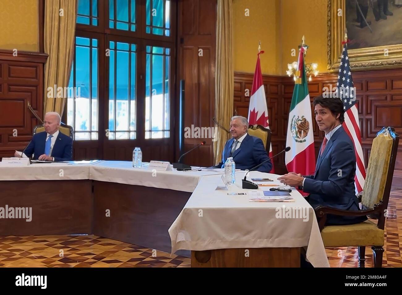 (L-R) US President Joe Biden, Mexican President Andres Manuel Lopez Obrador and Canadian Prime Minister Justin Trudeau attend the 10th North American Leaders Summit at the National Palace in Mexico City, Mexico on January 10, 2023. Photo by Mexican President Press Office / UPI Stock Photo