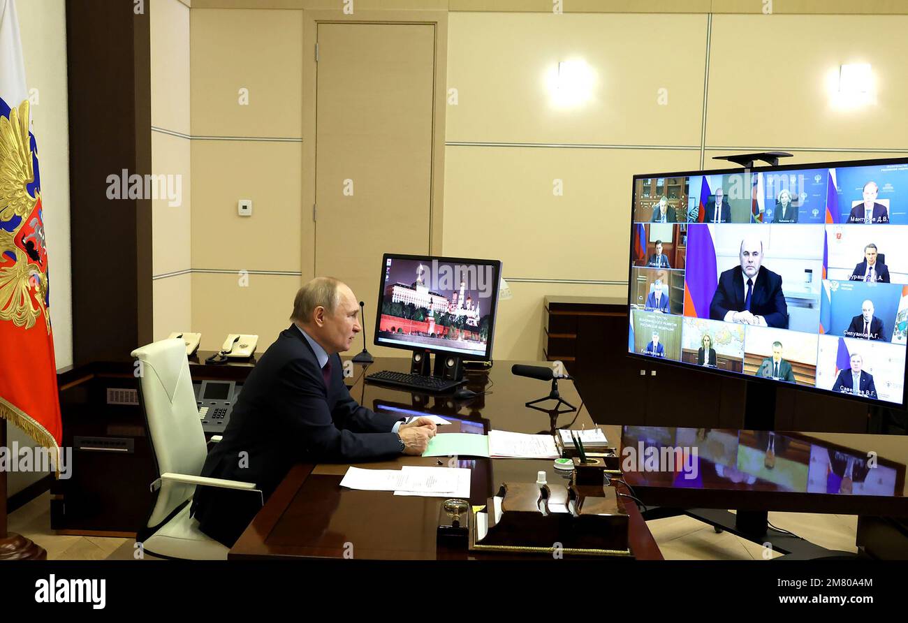 Moscow, Russian Federation. 11th Jan, 2023. Russian President Vladimir Putin chairs a cabinet meeting via videoconference in Moscow, Russia, Wednesday, January. 11, 2023. Photo by Kremlin Pool/UPI Credit: UPI/Alamy Live News Stock Photo