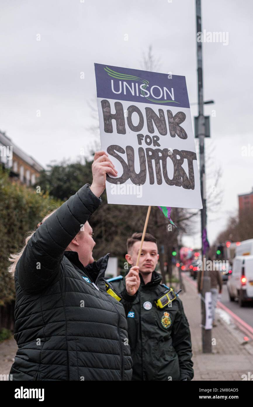 Unison Members 11 Jan 2023, Ambulance Unison members Strike outside The Depford ...