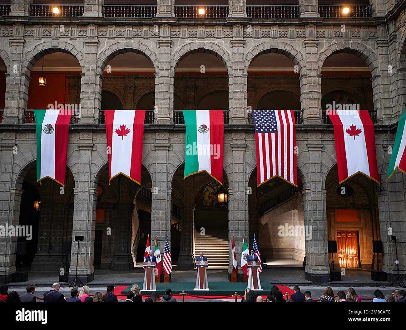 (L-R) US President Joe Biden, Mexican President Andres Manuel Lopez Obrador and Canadian Prime Minister Justin Trudeau hold a joint press conference after their meeting during the 10th North American Leaders Summit at the National Palace in Mexico City, on January 10, 2023.. Photo by Mexican President Press Office / UPI Stock Photo