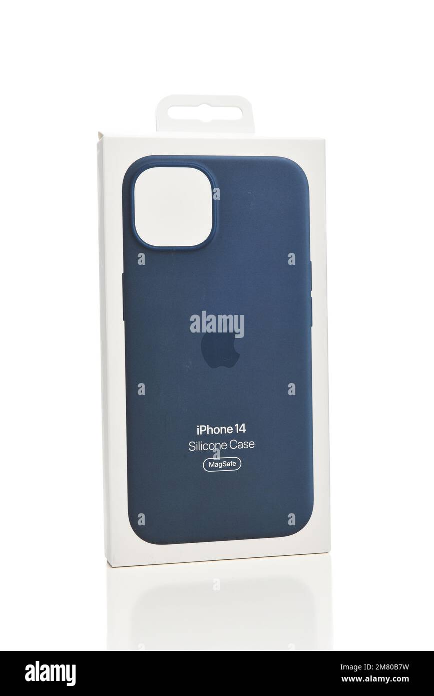 IRVINE, CALIFORNIA - 7 JAN 2023: An iPhone 14 Silicone Case MagSafe box from Apple. Stock Photo