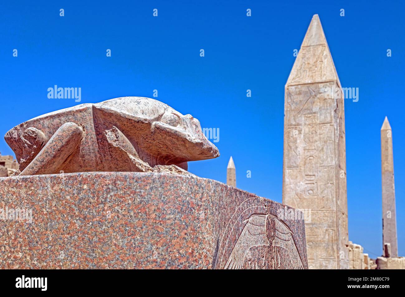 STATUE OF THE GIANT SCARAB BEETLE OF KHEPRI IN FRONT OF THE OBELISKS, PRECINCT OF AMUN-RE, TEMPLE OF KARNAK, ANCIENT EGYPTIAN SITE FROM THE 13TH DYNASTY, UNESCO WORLD HERITAGE SITE, LUXOR, EGYPT, AFRICA Stock Photo