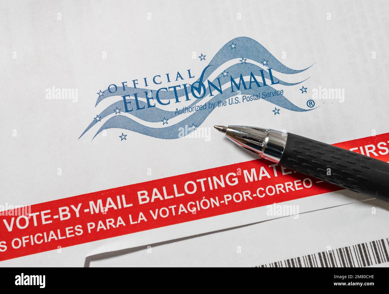 Official Election Mail vote by mail absentee voter balloting materials. Stock Photo