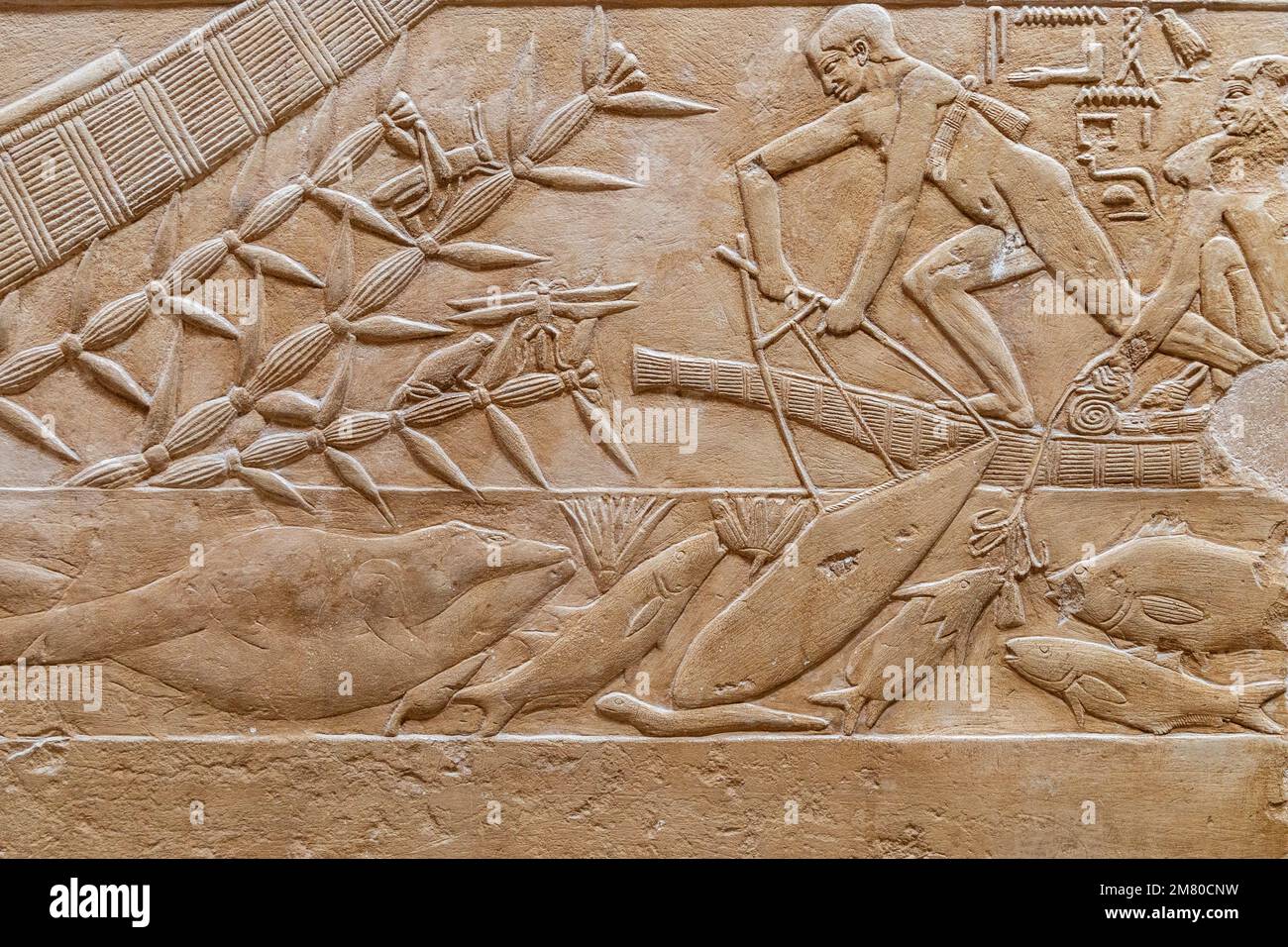 FISHING SCENE, BAS-RELIEF IN THE MASTABA OF KAGEMNI, VIZIER DURING THE REIGN OF KING TETI, SAQQARA NECROPOLIS, REGION OF MEMPHIS, FORMER CAPITAL OF ANCIENT EGYPT, CAIRO, EGYPT, AFRICA Stock Photo