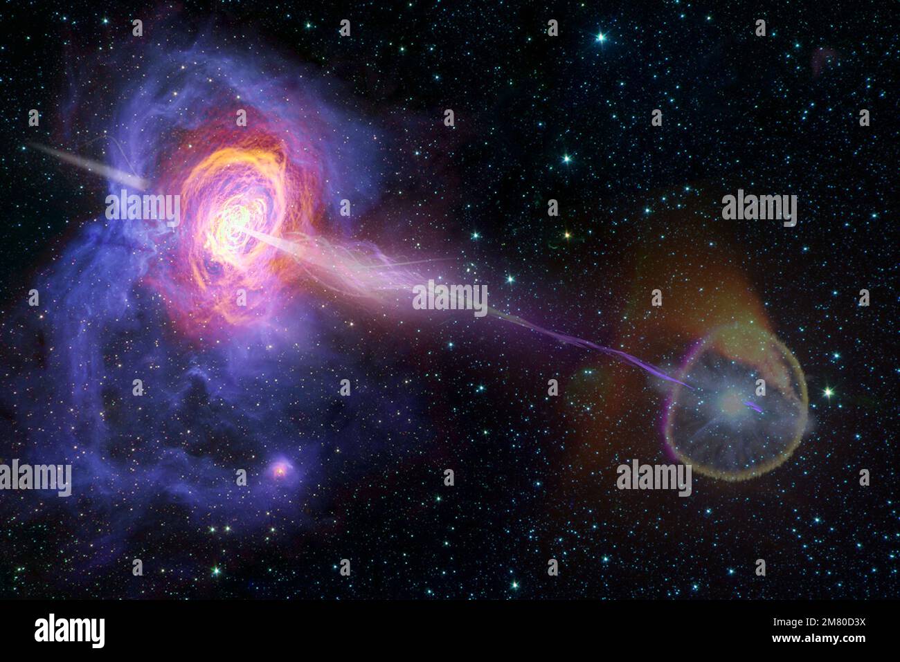 Abstract space wallpaper. Black hole release of energy with nebula over