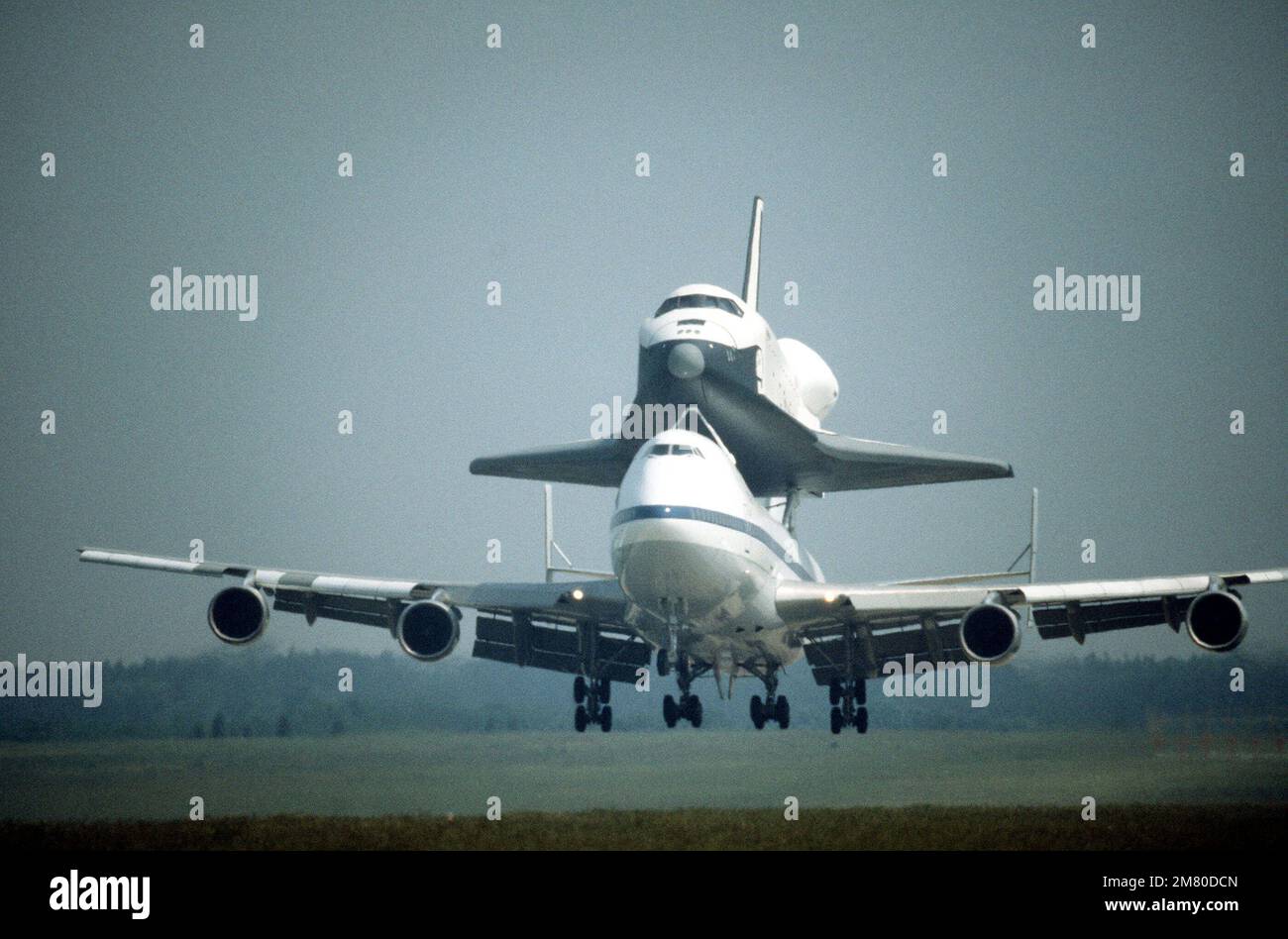 The Space Shuttle Orbiter Enterprise (OV101), mounted on its NASA 747