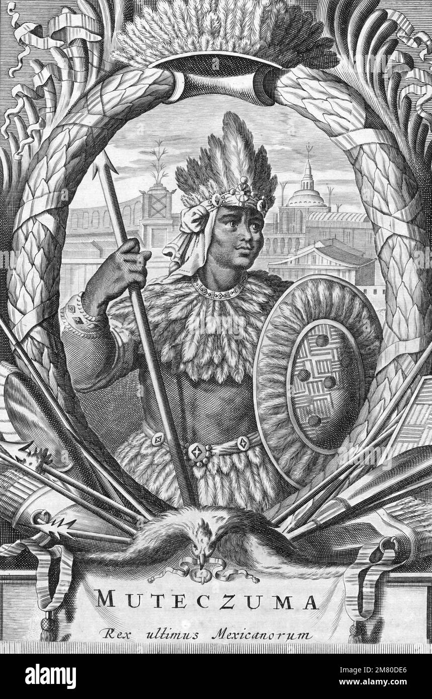 Moctezuma II (Montezuma II). Illustration of the last Emperor of the Aztec Empire, Moctezuma Xocoyotzin (c. 1466-1520), engraving Stock Photo
