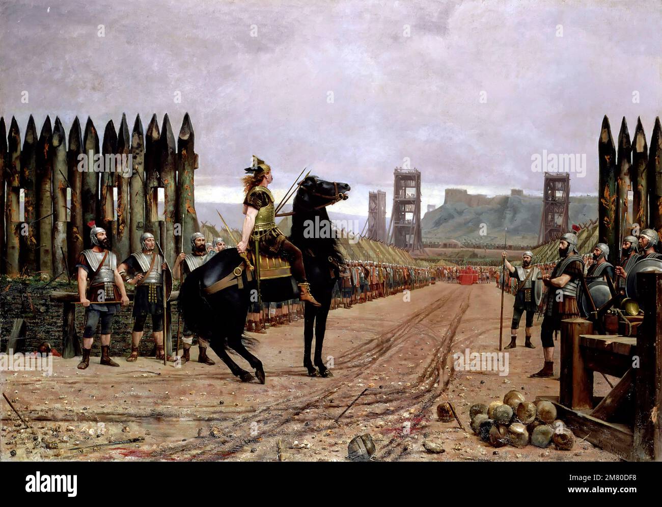 Vercingetorix (c. 80-46 BC). Painting entitled ' Vercingetorix Surrenders to Caesar' by Henri-Paul Motte  (1846–1922), 1886 Stock Photo