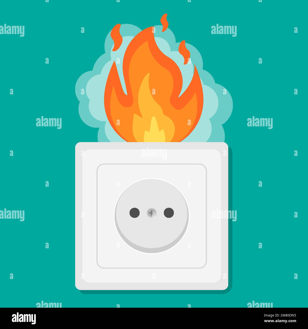 Fire wiring. Socket on fire from overload. Electrical safety concept