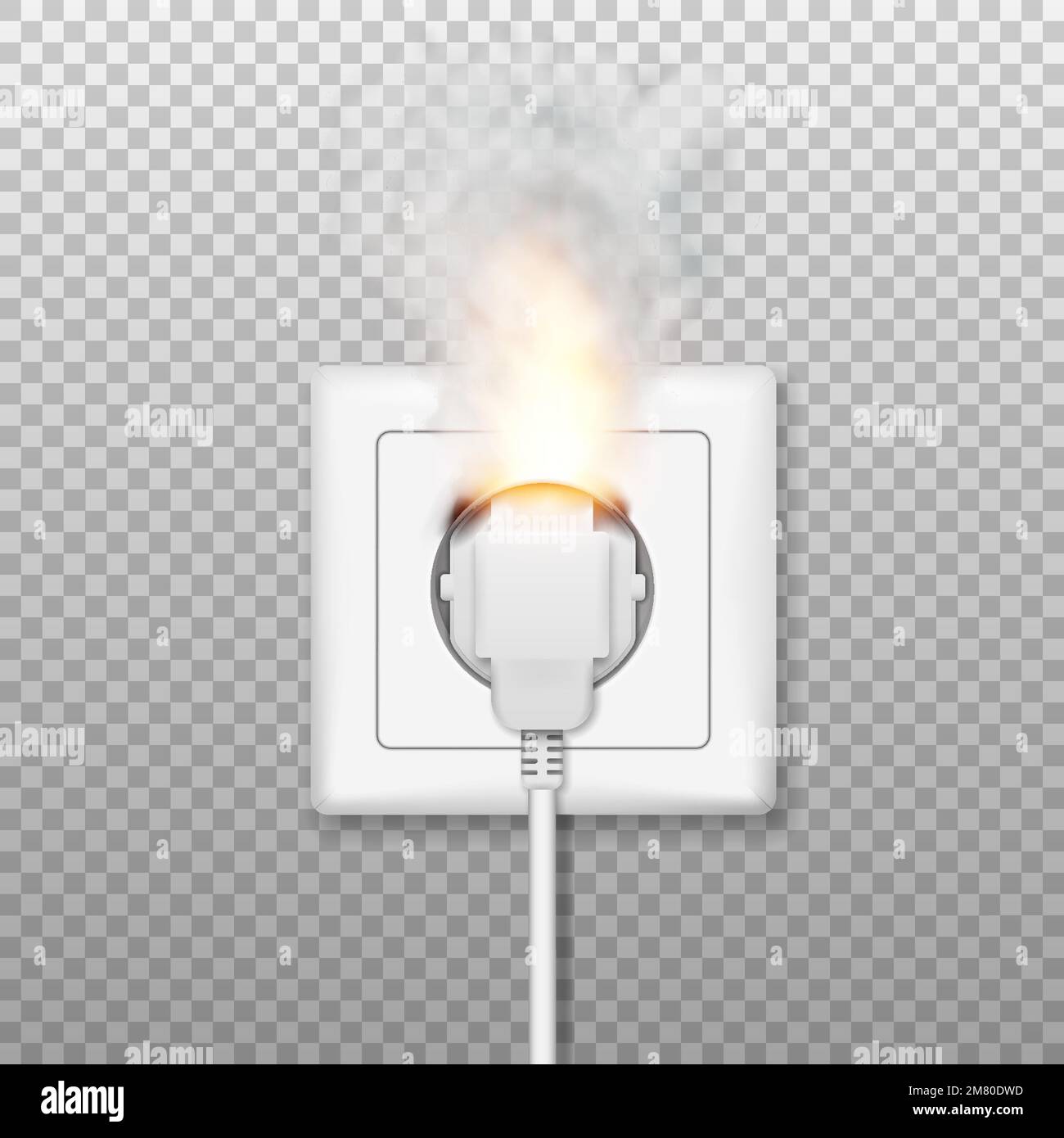 Fire wiring. Realistic socket and plug on fire from overload