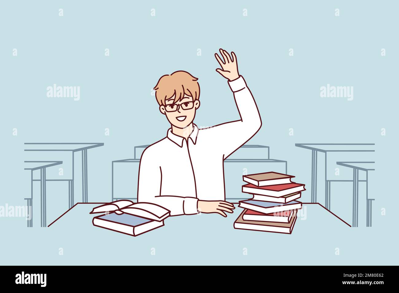 Boy High School Student Sits At Desk With Textbooks And Workbooks And 