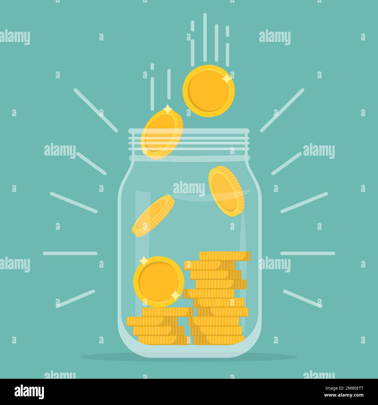 Glass money jar full of gold coins. Symbol of wealth. Business success. Vector illustration. Web banner. Eps 10. Stock Vector