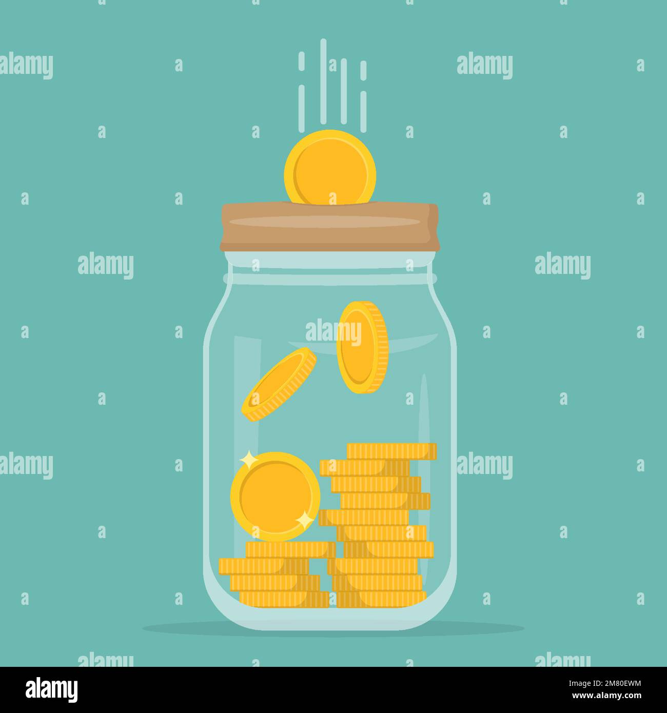 Glass money jar full of gold coins. Symbol of wealth. Business success. Vector illustration. Web banner. Eps 10. Stock Vector