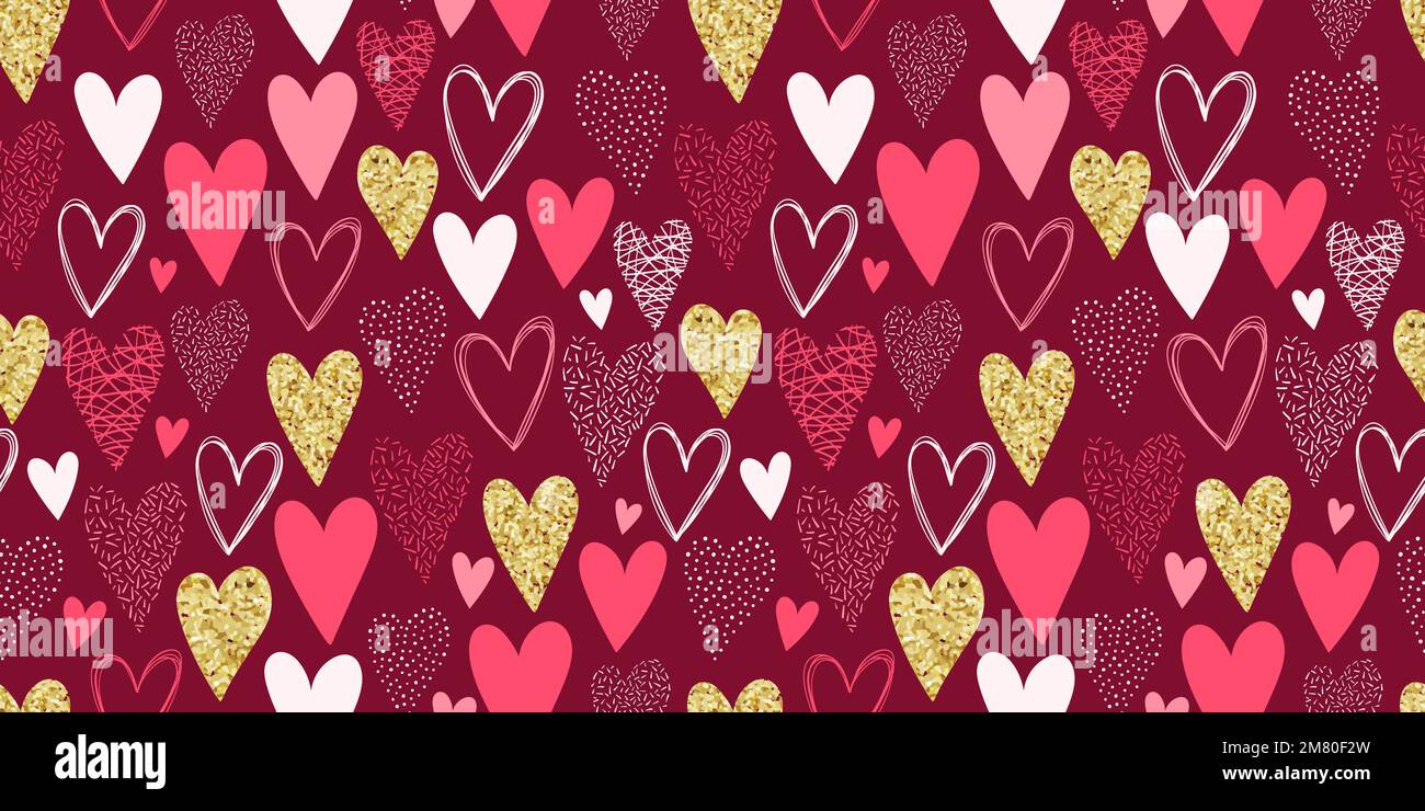 Repeated hearts seamless pattern, hand drawn with gold glitter effect, Cute background. Endless romantic print - vector design Stock Vector
